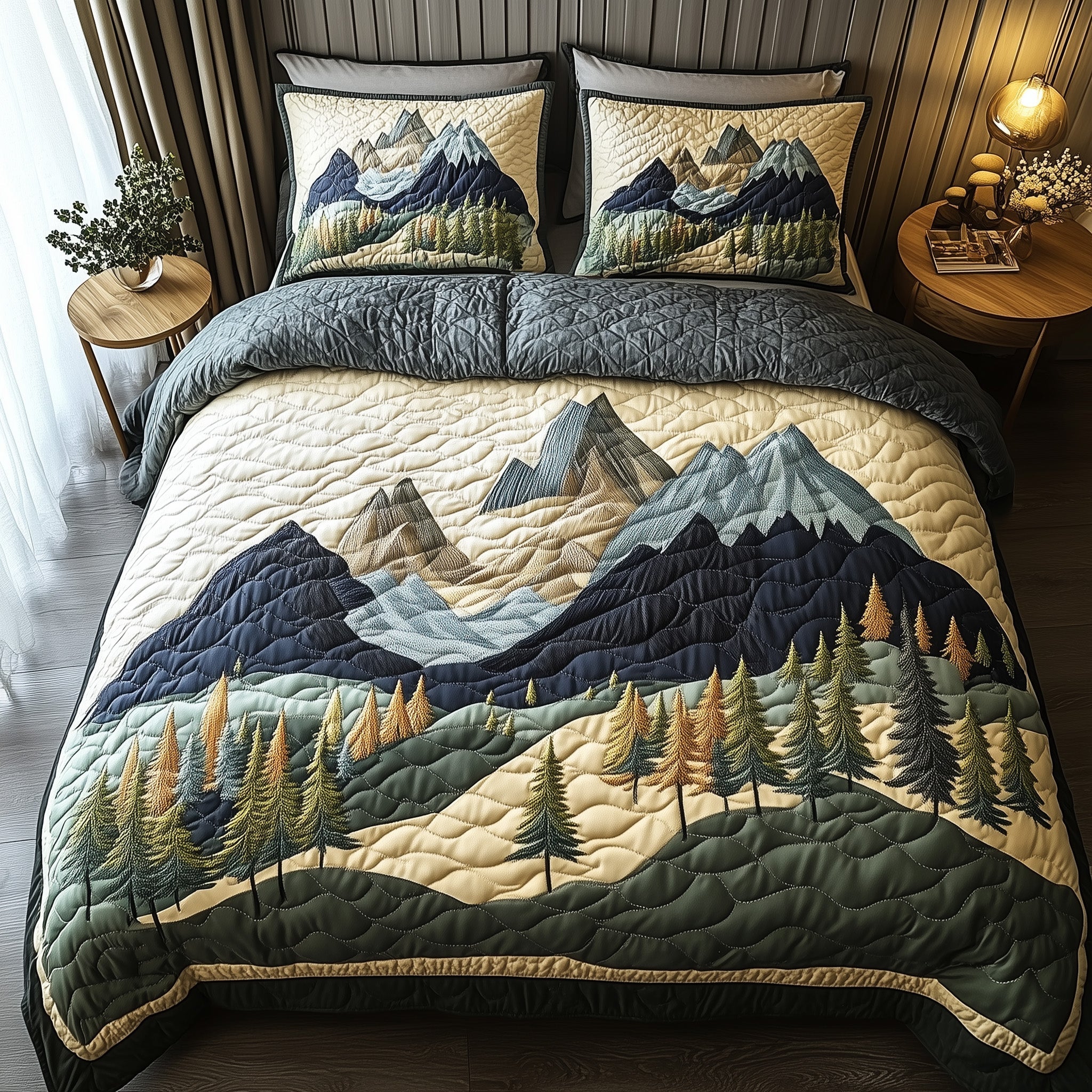 Woodland Retreat Quilted Bedding Set Peaceful Snow Scene Theme Nature Gift Ideas - Bancroftclothings