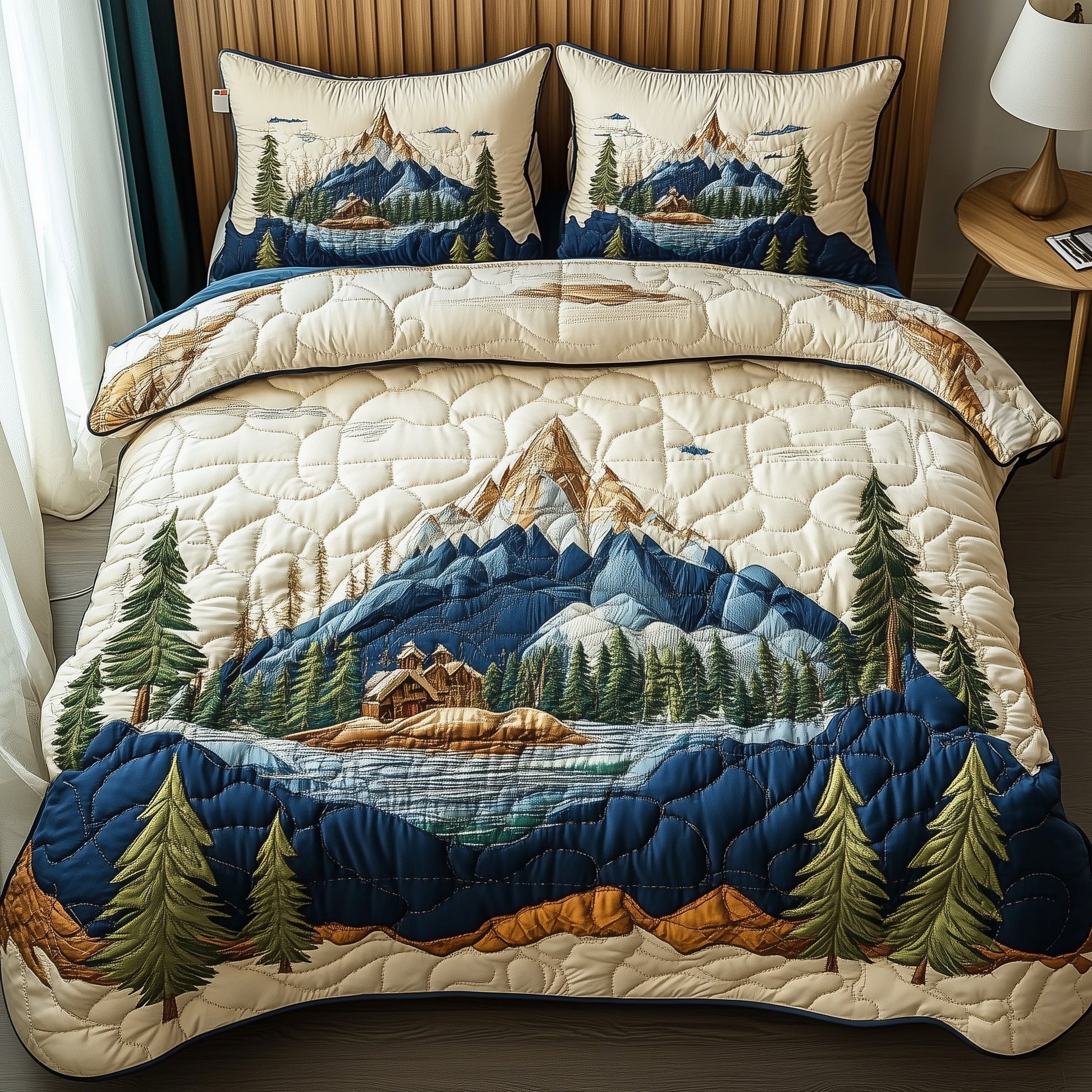 Woodland Retreat Quilted Bedding Set Snowy Forest Scene Best Nature Theme Gifts - Bancroftclothings