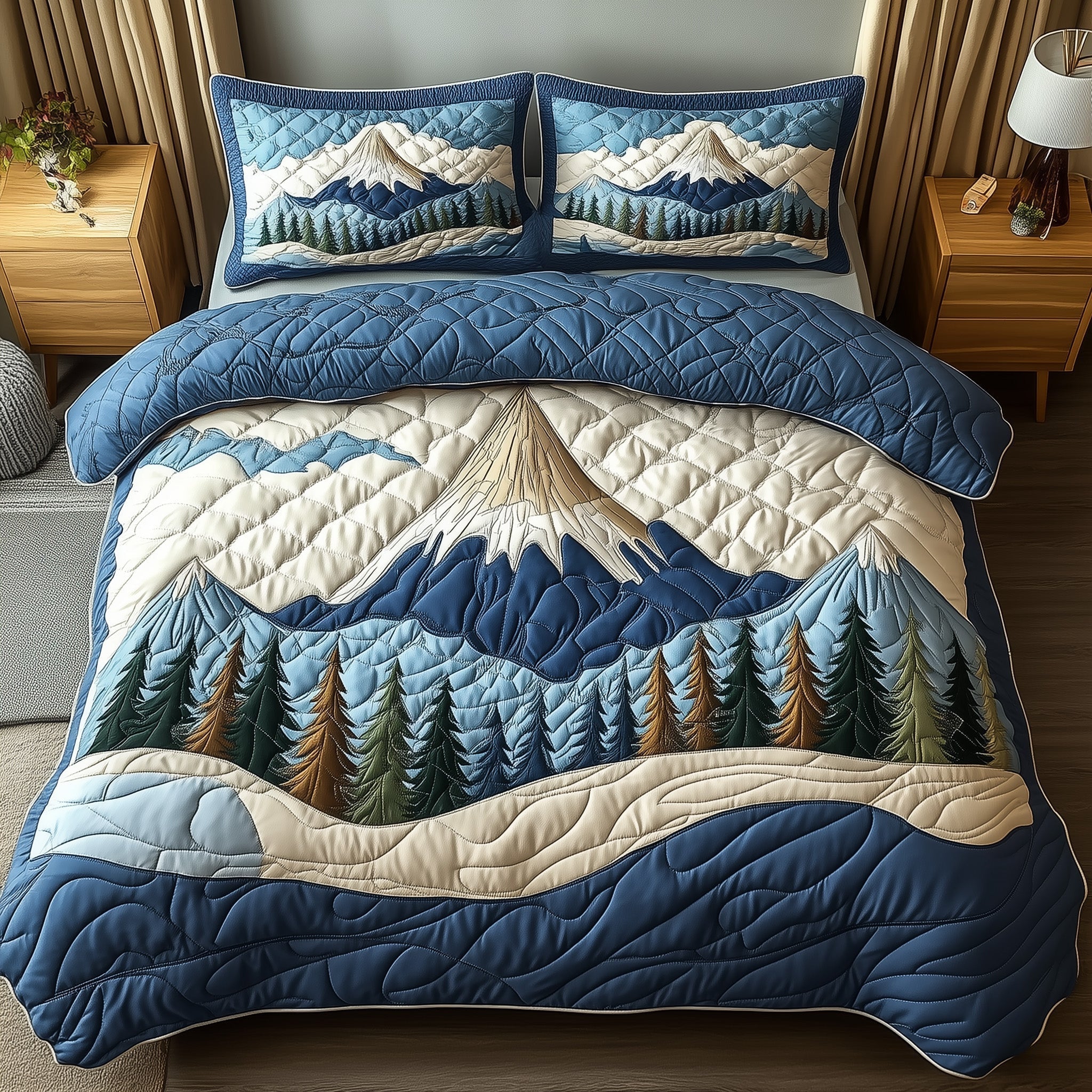 Woodland Retreat Quilted Bedding Set Snowy Pine Forest Illustration Nature Gift Ideas - Bancroftclothings