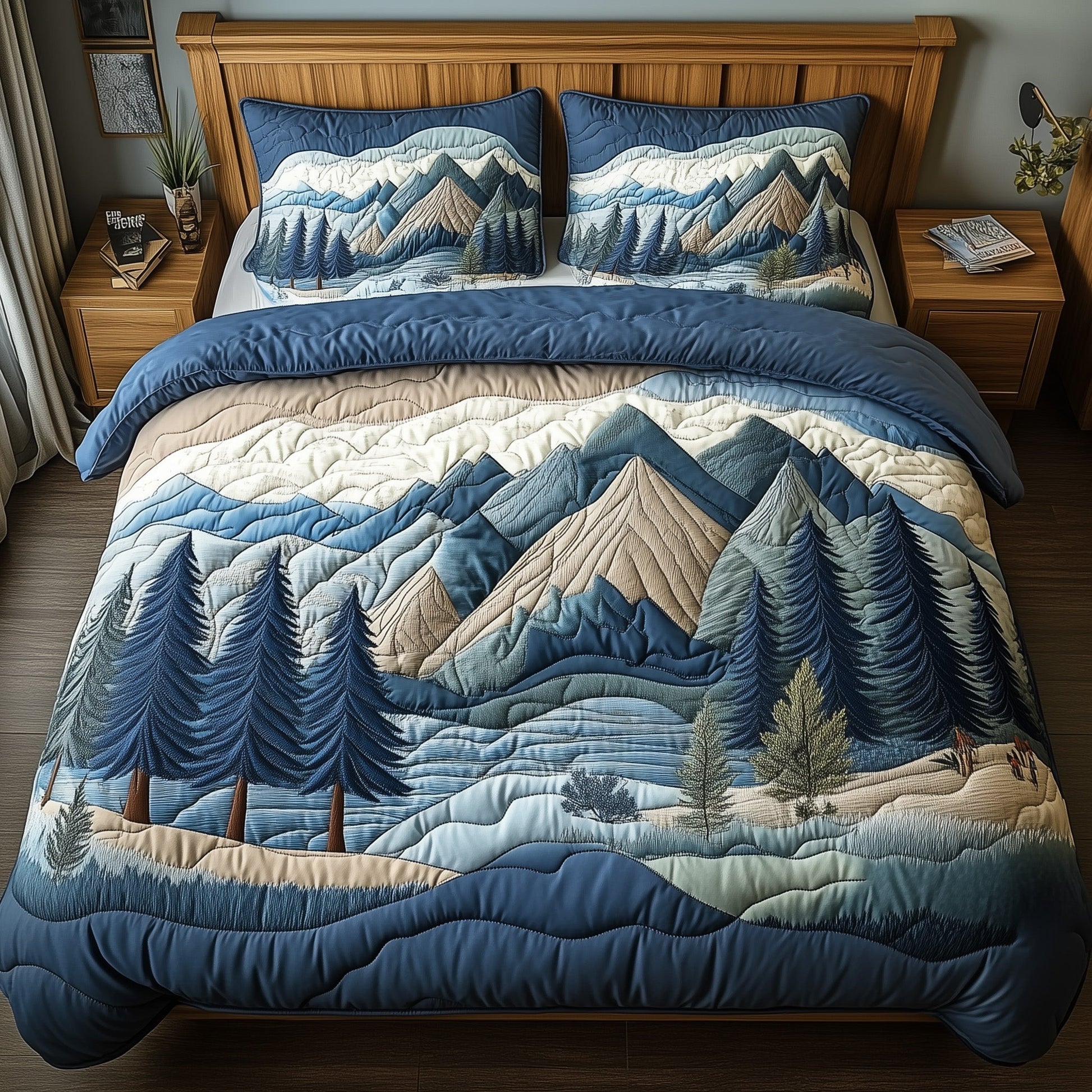 Woodland Retreat Quilted Bedding Set Snowy Pine Forest Illustration Winter Nature Gift Ideas - Bancroftclothings