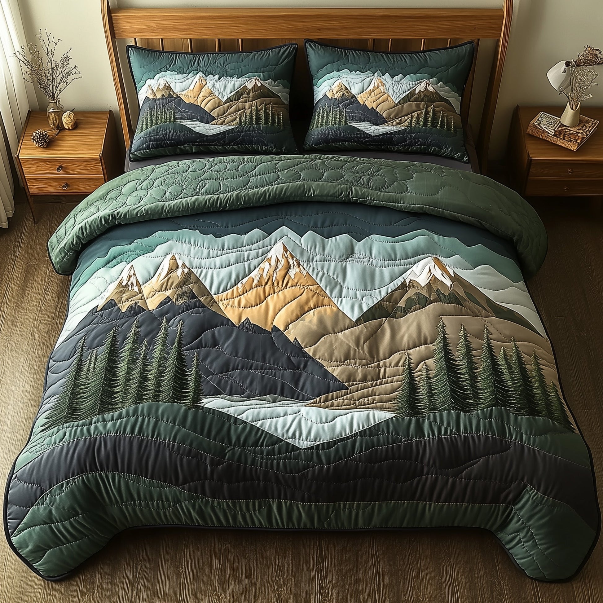 Woodland Retreat Quilted Bedding Set Tranquil Winter Forest Illustration Nature Gift Ideas - Bancroftclothings