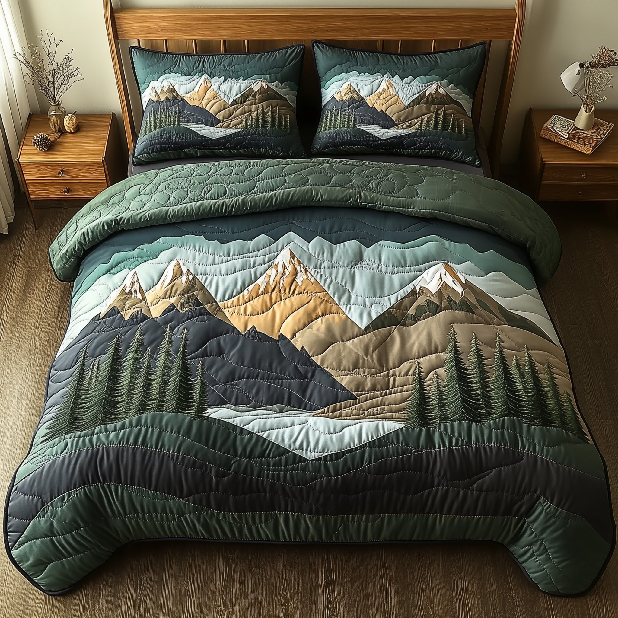 Woodland Retreat Quilted Bedding Set Tranquil Winter Forest Illustration Nature Gift Ideas - Bancroftclothings