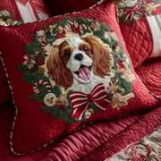 Wreath King Charles Quilted Pillow Case Winter Throw Pillow Covers Doggy Presents For Christmas - Bancroftclothings