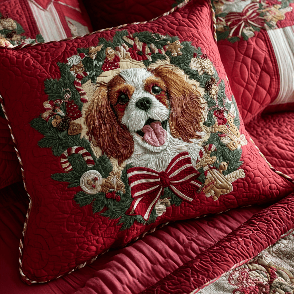 Wreath King Charles Quilted Pillow Case Winter Throw Pillow Covers Doggy Presents For Christmas - Bancroftclothings