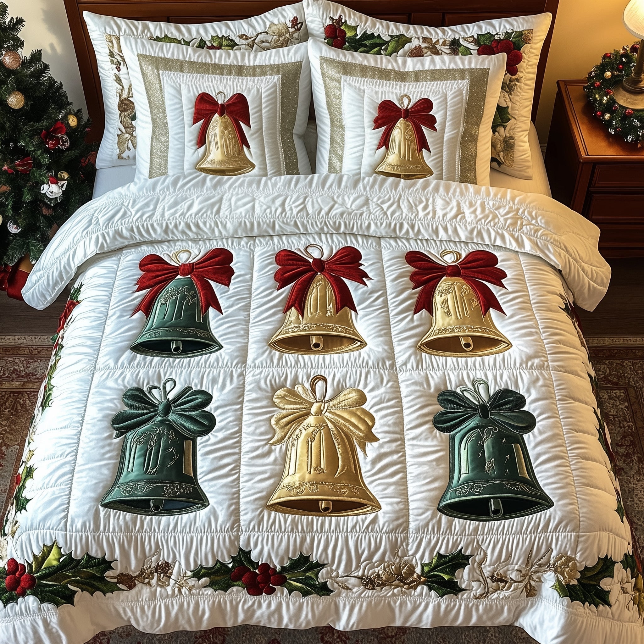 Yuletide Melody Bells Quilted Bedding Set Cozy Winter Bedding Christmas Bedroom Decor Gifts - Bancroftclothings