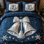 Yuletide Melody Bells Quilted Bedding Set Silver Christmas Bells Jingle Bell Holiday Decor - Bancroftclothings