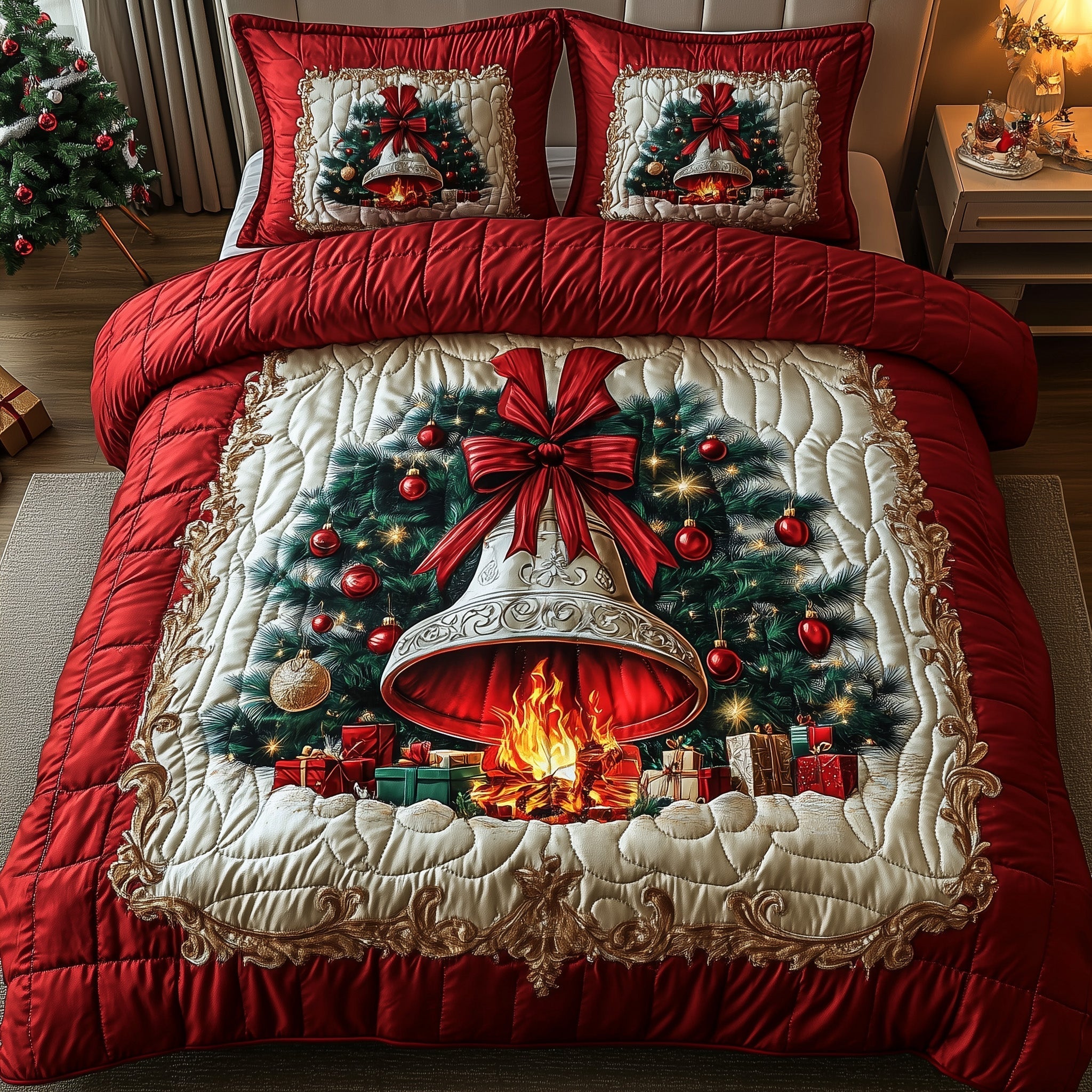 Yuletide Melody Bells Quilted Bedding Set Under The Xmas Tree Christmas Bedroom Decor Gifts - Bancroftclothings