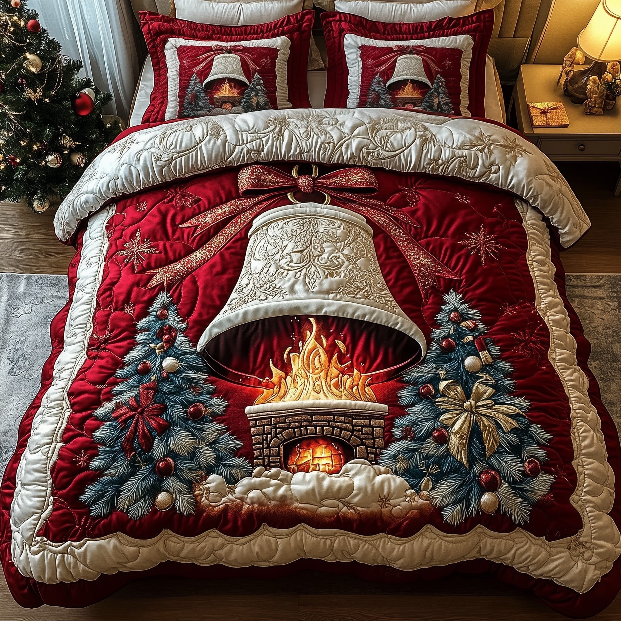 Yuletide Melody Quilted Bedding Set Festive Jingle Bells Theme Unique Bedding Presents - Bancroftclothings