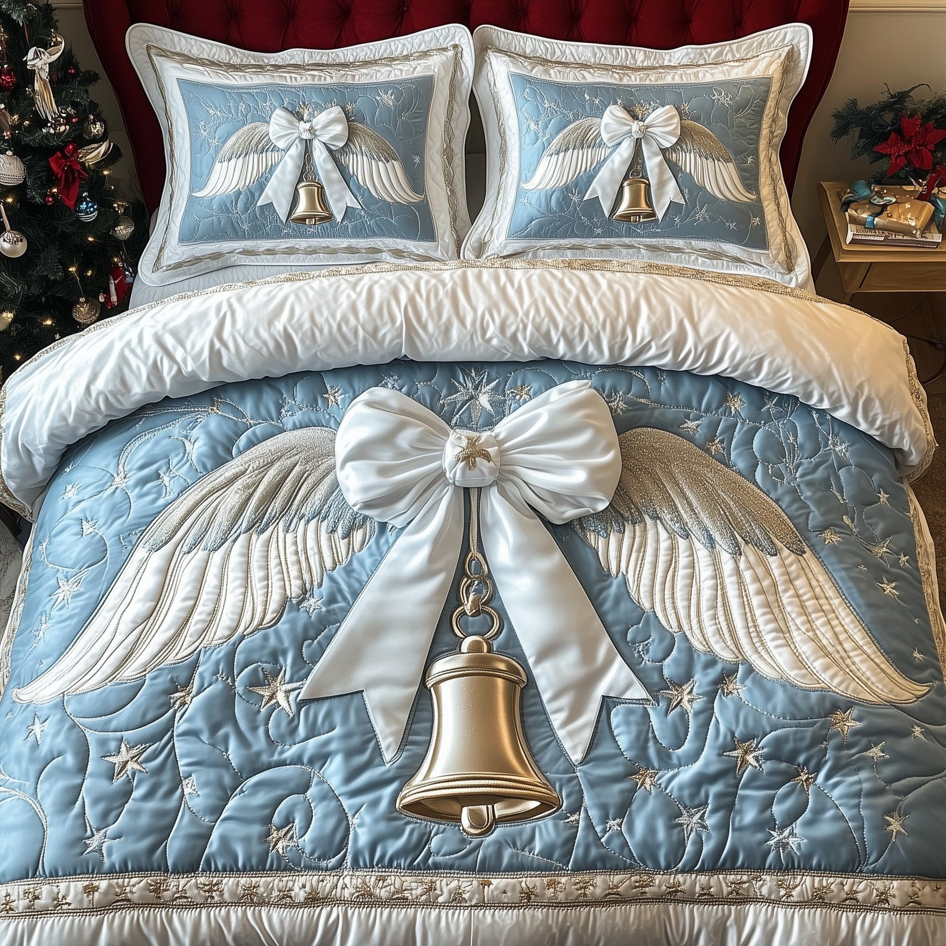 Yuletide Melody Quilted Bedding Set Jingle Bells Angel Wing Merry Christmas Home Bedroom Decor - Bancroftclothings
