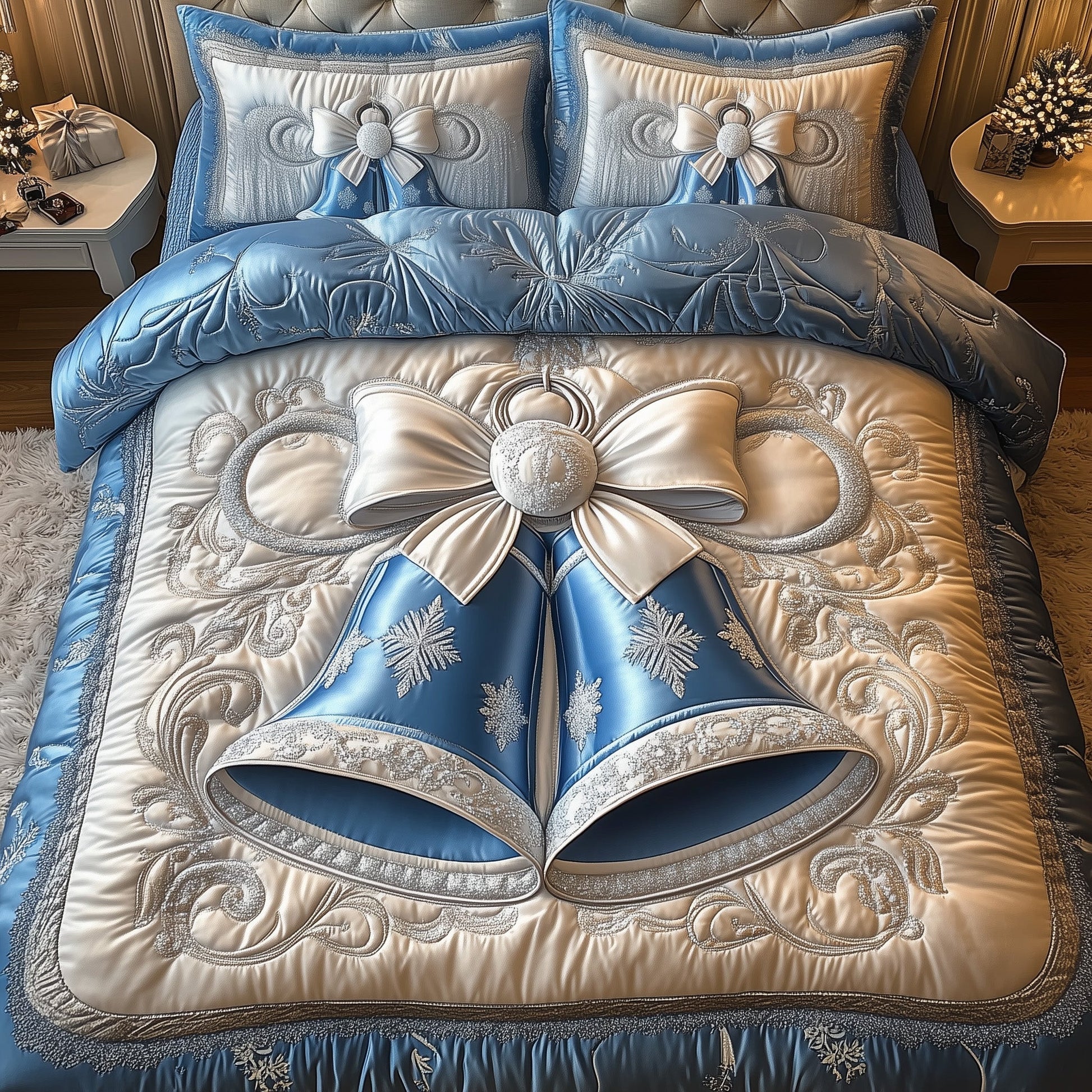 Yuletide Melody Quilted Bedding Set Snowy Jingle Bells Merry Christmas Home Bedroom Decor - Bancroftclothings