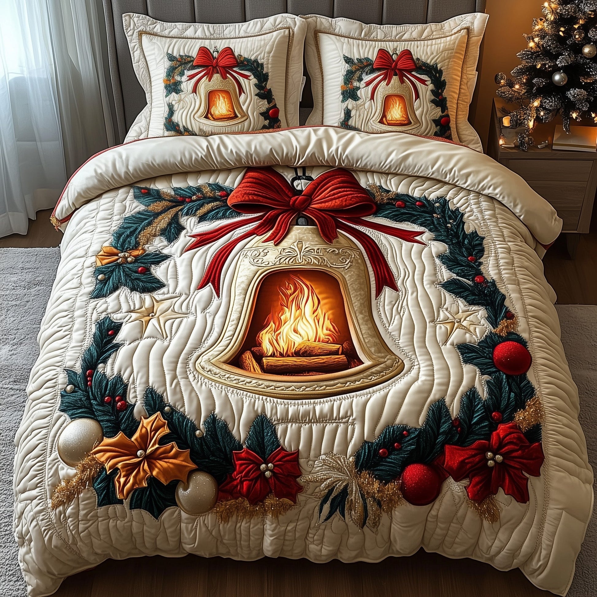 Yuletide Melody Quilted Bedding Set Winter Lodge Quilt Set Unique Xmas Bedding Presents - Bancroftclothings