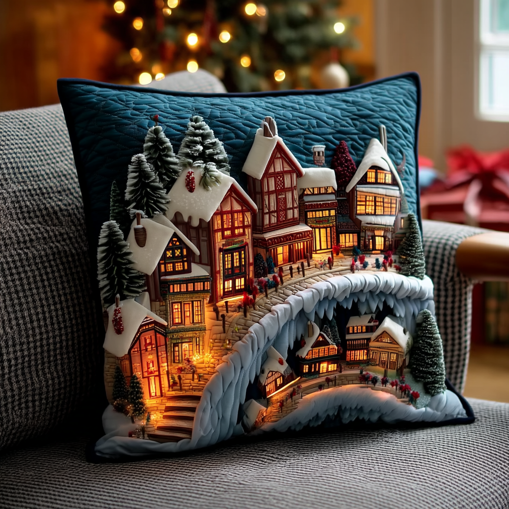 Yuletide Snowy Village Quilted Pillow Case Holiday Home Decor Christmas Gifts For Family - Bancroftclothings