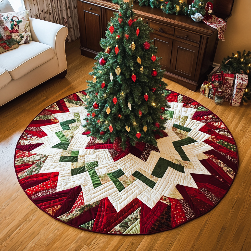 Yuletide Starburst Christmas Quilted Tree Skirt Heartwarming Christmas Tree Skirt Gift for Loved Ones - Bancroftclothings