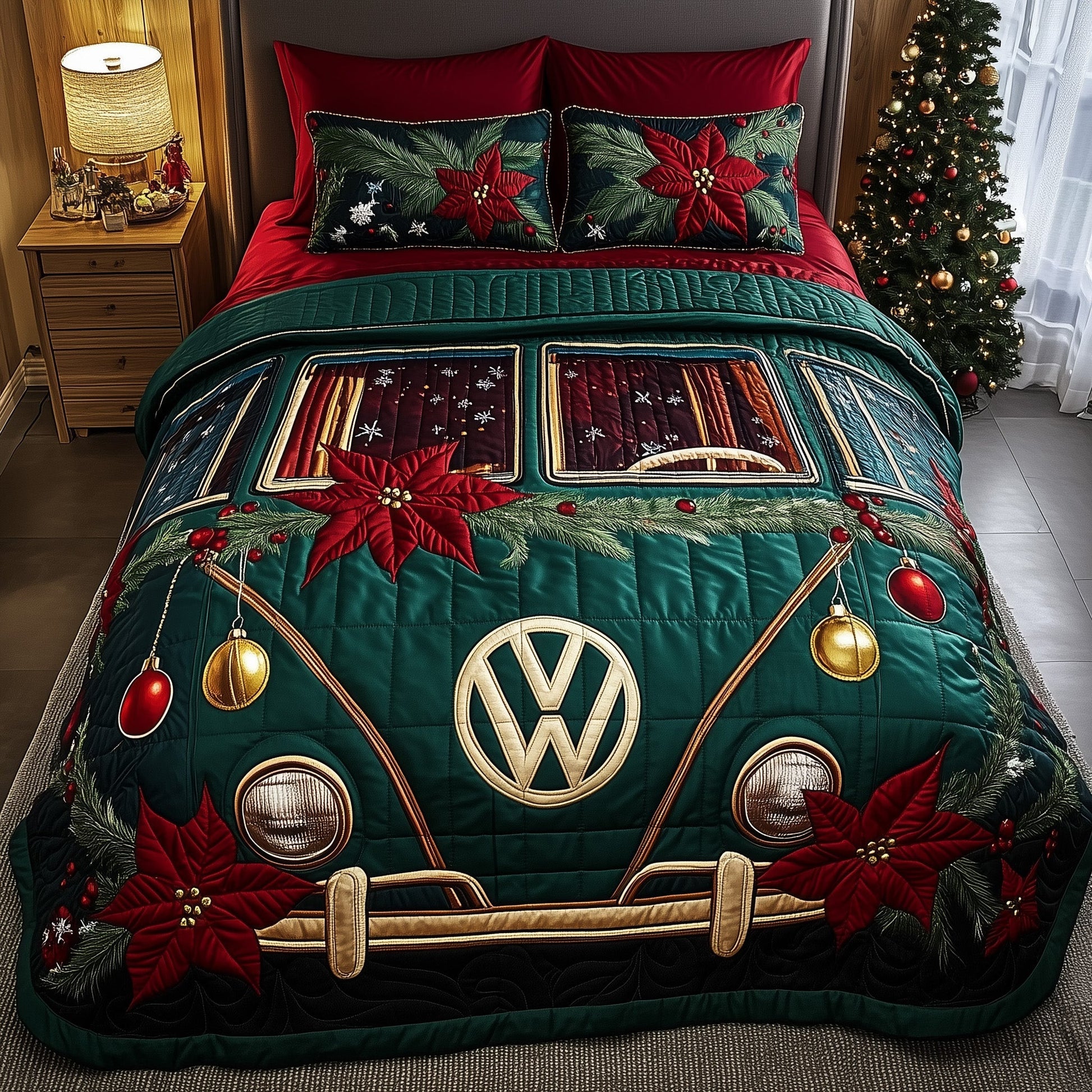Yuletide Van Quilted Bedding Set Merry Christmas Drive Decor Xmas Bedding Gifts - Bancroftclothings